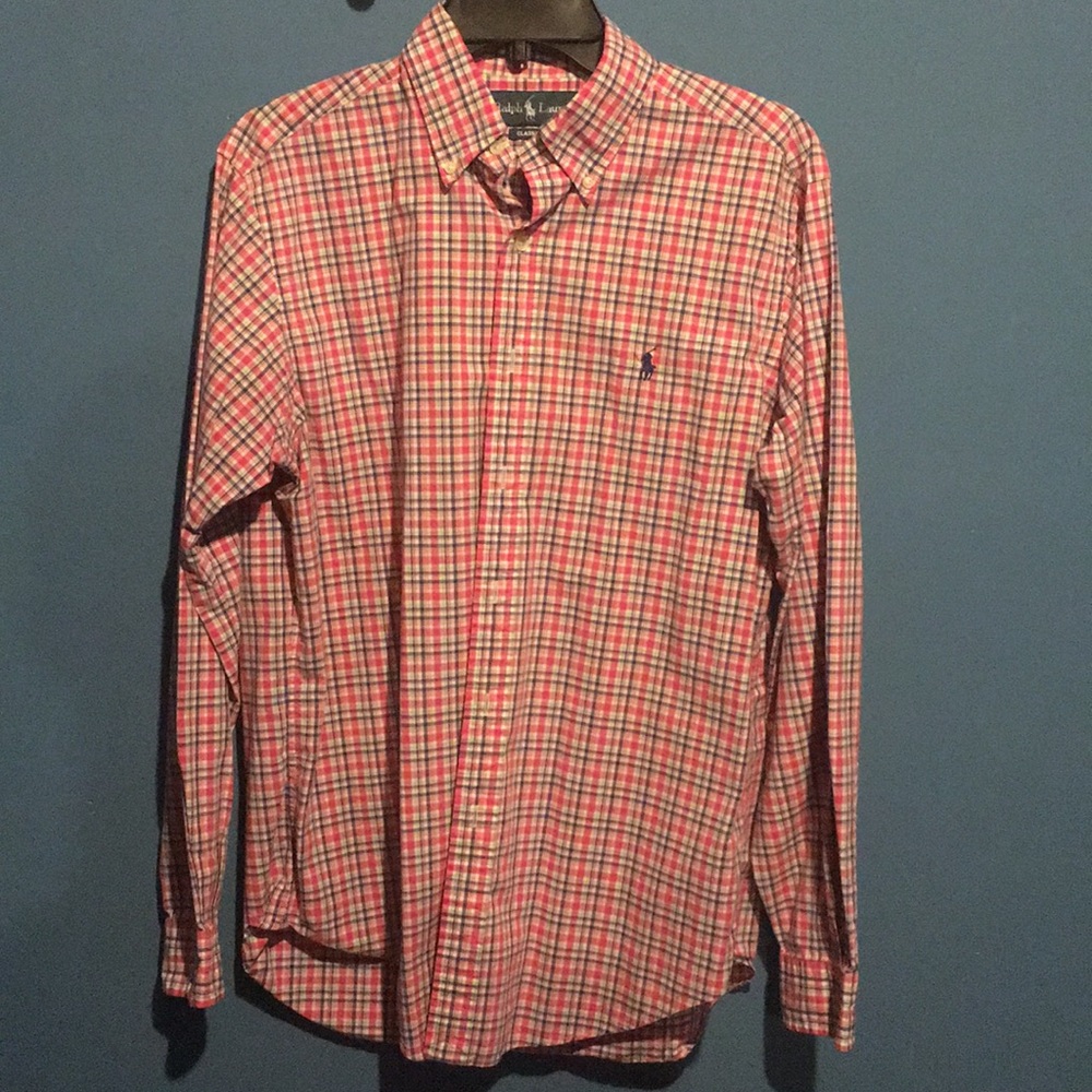 Men’s medium Pink checked button down shirt.